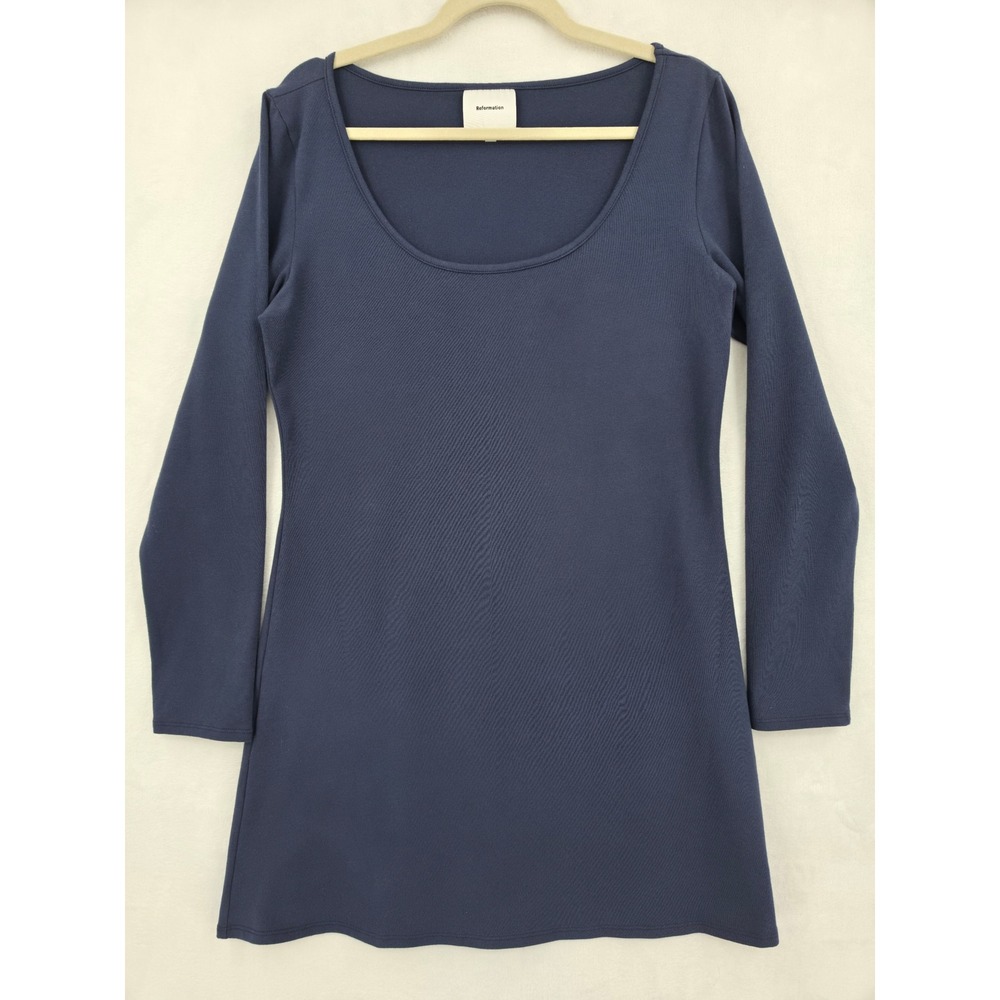 Reformation Navy Blue Tencel Ribbed Long Sleeve Scoop Neck Mini Dress XL Neutral